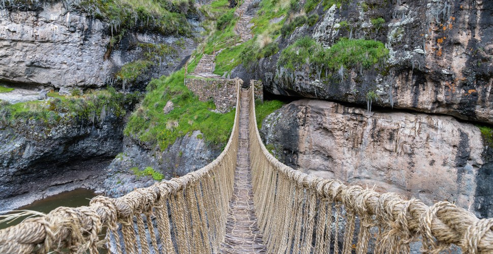 Qeswachaka Bridge is located over the Apurimac River at about (3,700 meters/ 12,139 feet), just outside of Cusco. This handwoven grass bridge crosses 33 meters/ 108 feet and is rebuilt every year. This communal effort by all the local communities of the region unite to recreate this ancient bridge that has been the backdrop of their communities for centuries. Visit with your Cusco private tour guide.