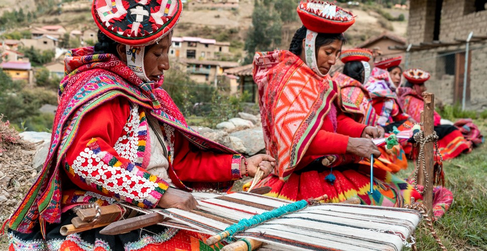 Weaving is integral to the Rukha Allyu Community and families gather around, chat, and work together while producing elaborate patterns on different fabrics and clothes. Quechua textiles honor Pachamama.  Peruvian weavers express their appreciation of the natural world through these woven symbols and patterns representing traditional myths and concepts of space, time, and life. Learn more about the Anden cosmovisión on your Cusco tours.