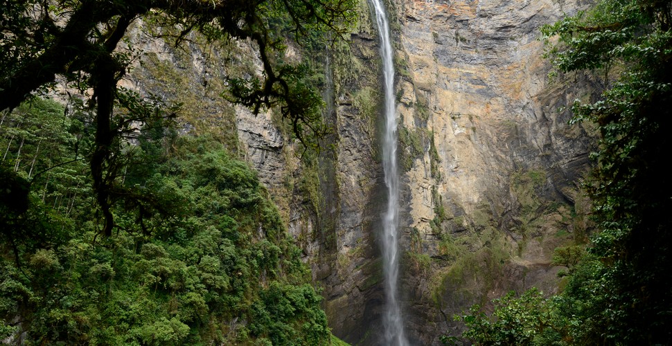 The Gocta Falls are thunderous and misty all year round. This section of Amazonas in Peru is hard to get to but worth the walk! While you can see both sections of Gocta Waterfalls from a distance, up close you can only see the bottom half. Visit the Gocta waterfalls on your Gocta tour from Chachapoyas!