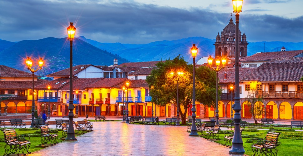 The Plaza de Armas of Cusco by night.